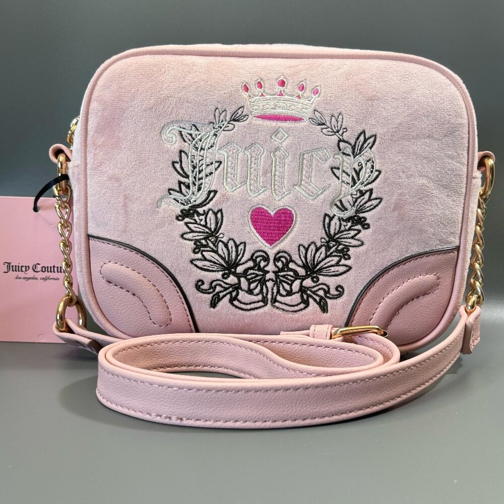 Juicy Couture YK2 Pink Diamond Heritage Crossbody Velour Embroidered Logo Bag